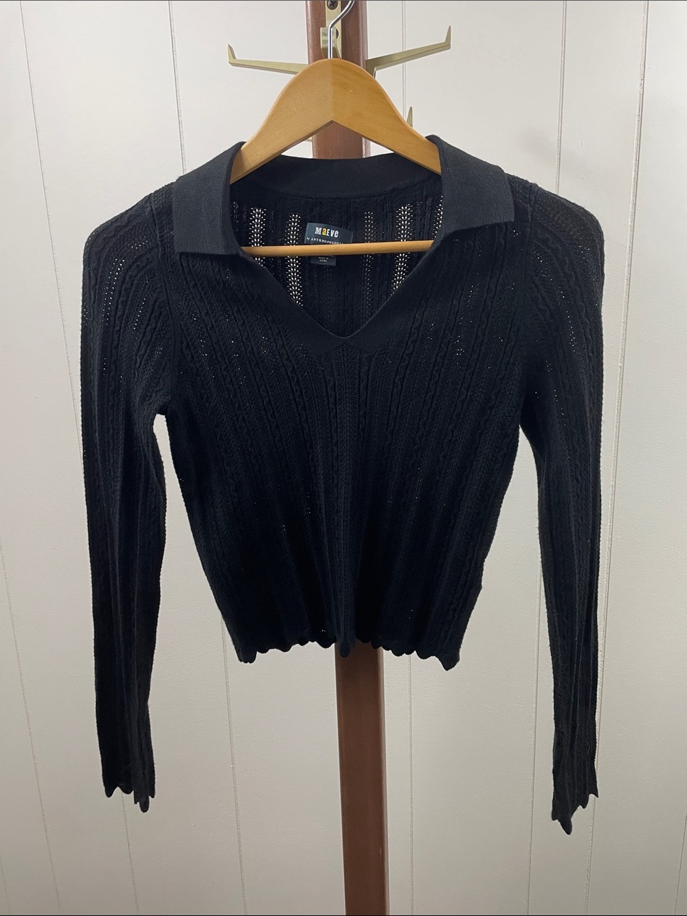 Maeve Anthropologie Black Knit‎ V-Neck Collared Crop Sweater